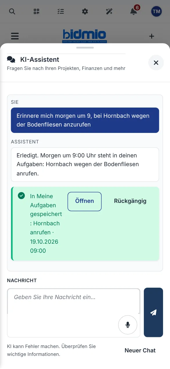 KI-Assistent auf dem Handy hat eine Aufgabe für den 19.10.2026 um 9:00 Uhr gespeichert, mit Knopf Rückgängig
