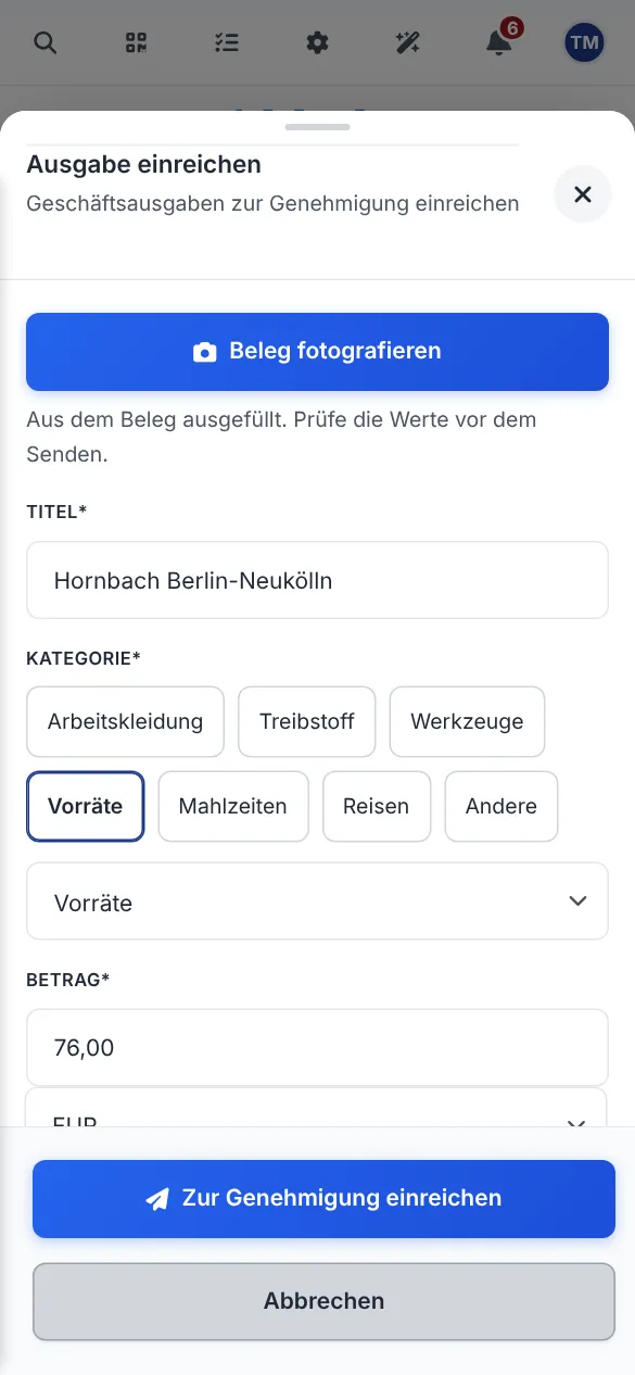 Ausgabe einreichen auf dem Handy mit Hornbach Berlin-Neukölln, Kategorie Vorräte und 76,00 EUR aus dem Kassenbon