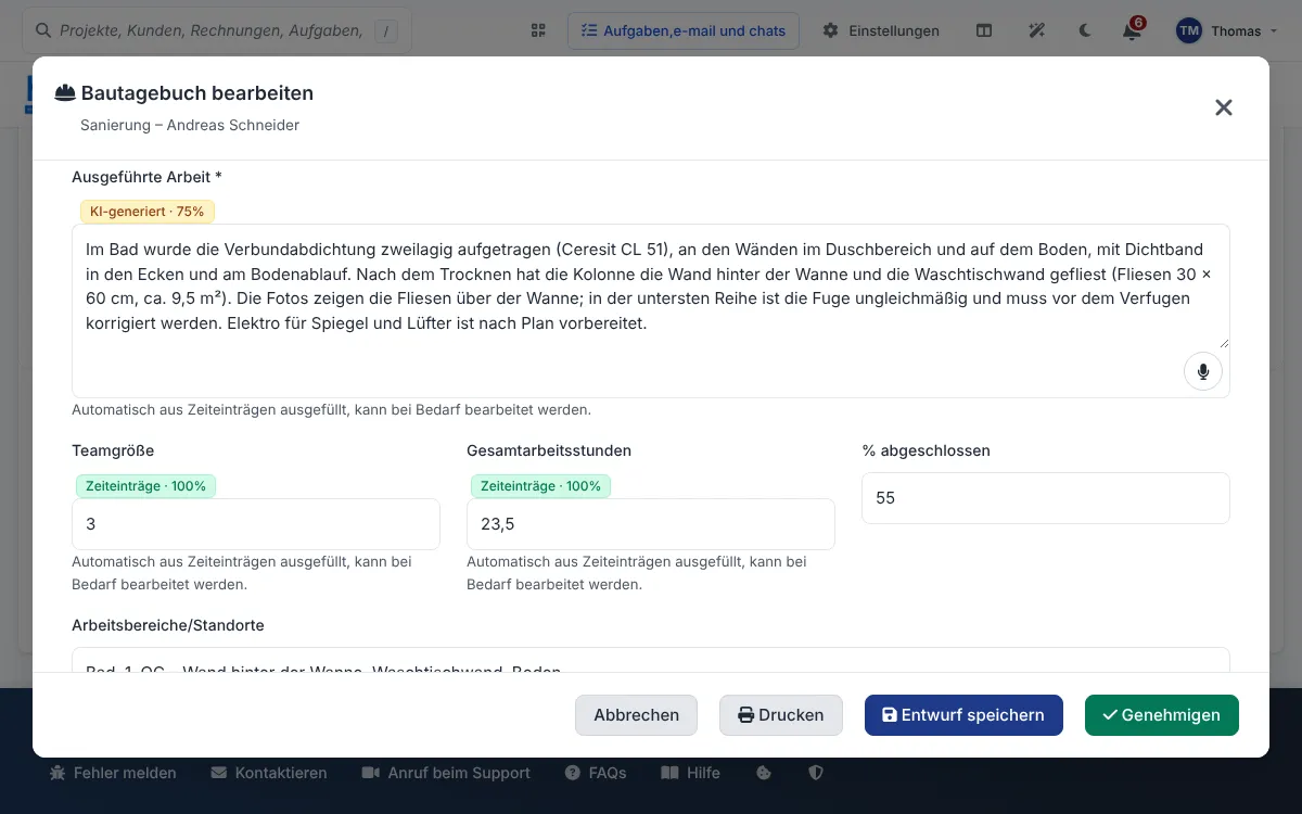 Bautagebuch bearbeiten mit KI-generiertem Text zu Abdichtung und Fliesen im Bad, Teamgröße und Stunden aus Zeiteinträgen