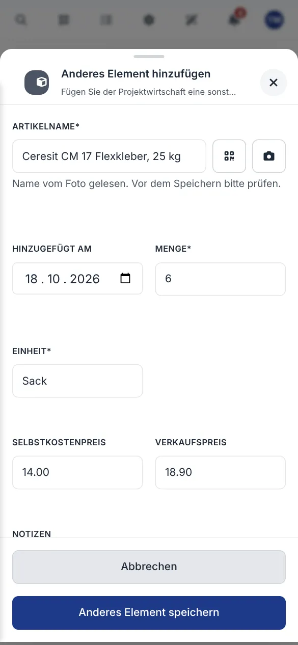 Material am Auftrag hinzufügen, Artikelname Ceresit CM 17 Flexkleber vom Foto des Etiketts gelesen