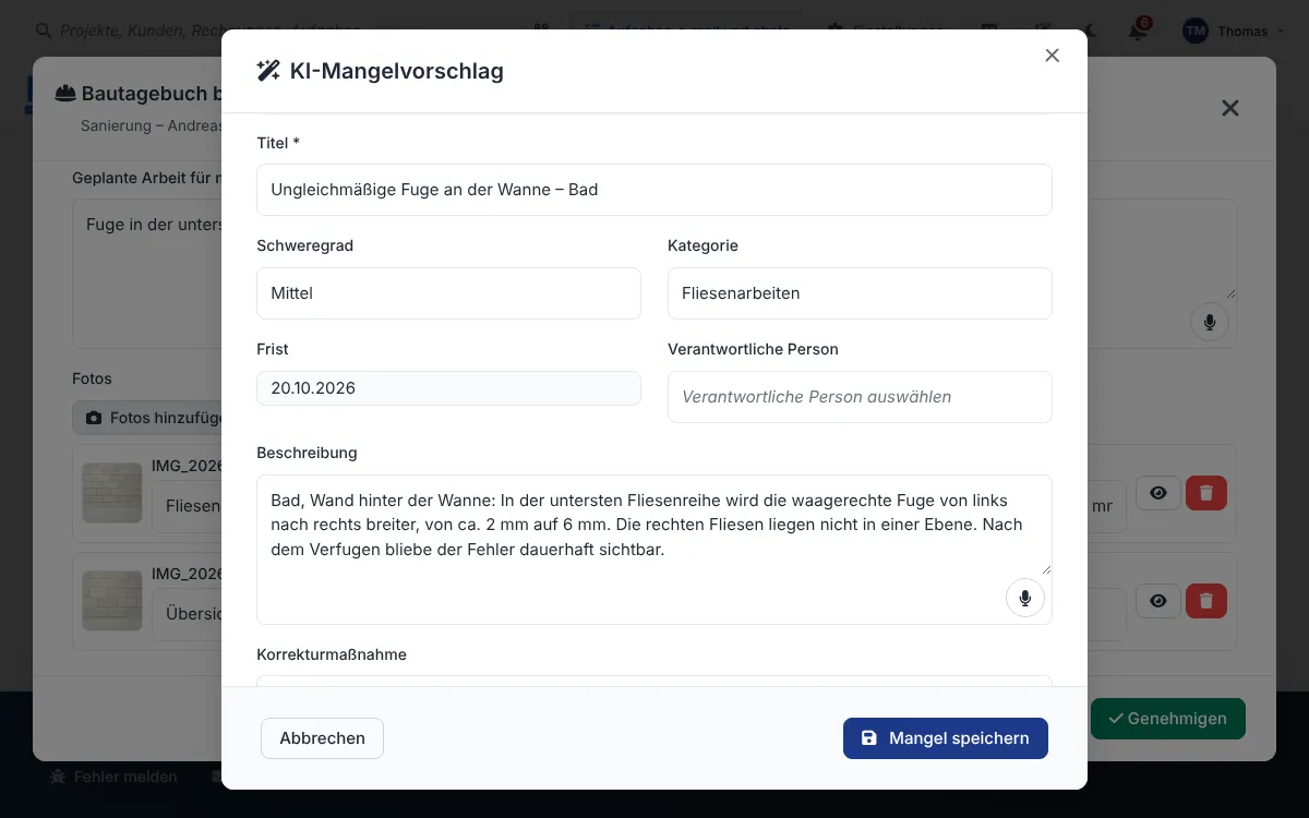KI-Mangelvorschlag zur ungleichmäßigen Fuge an der Wanne mit Schweregrad, Kategorie, Frist und Beschreibung