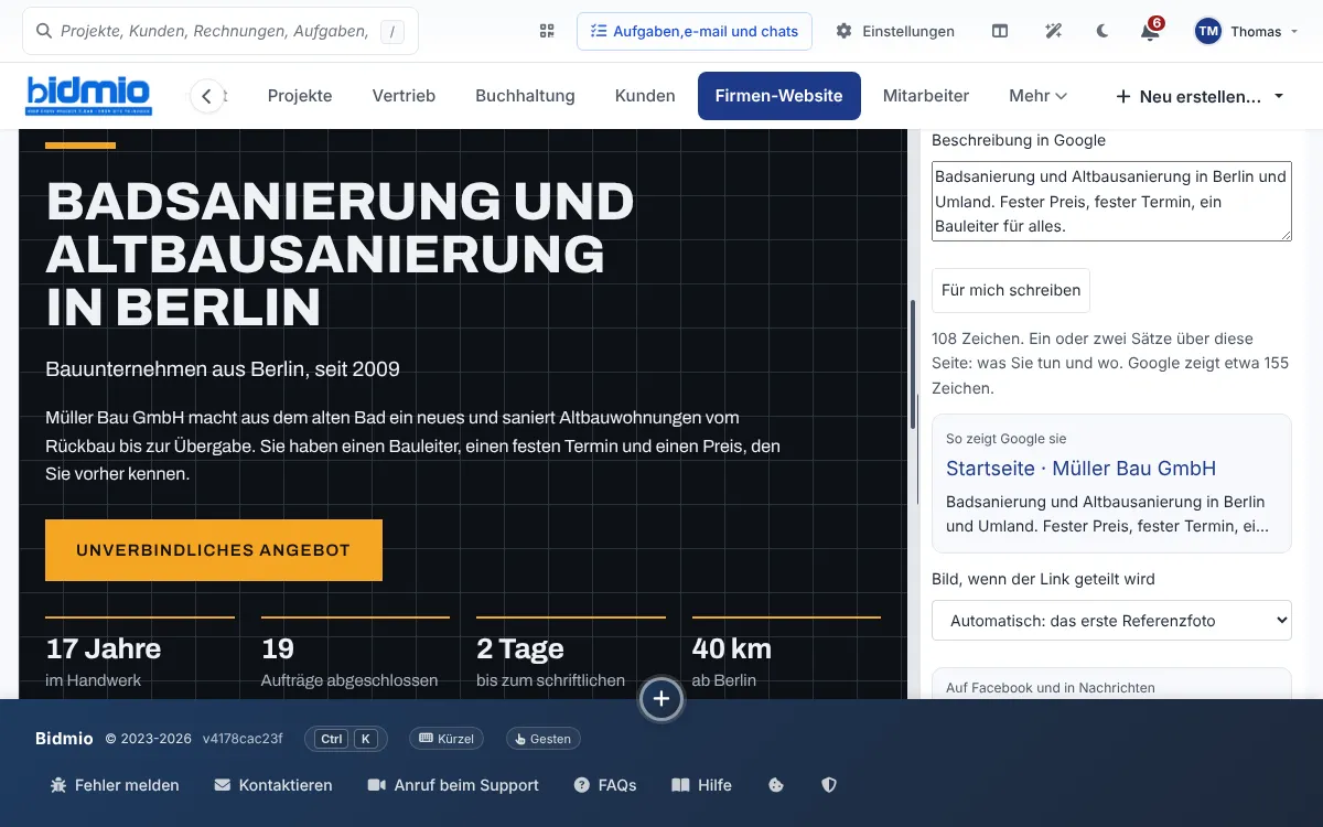 Website-Editor mit KI-Texten der Müller Bau GmbH zur Badsanierung in Berlin und Google-Vorschau