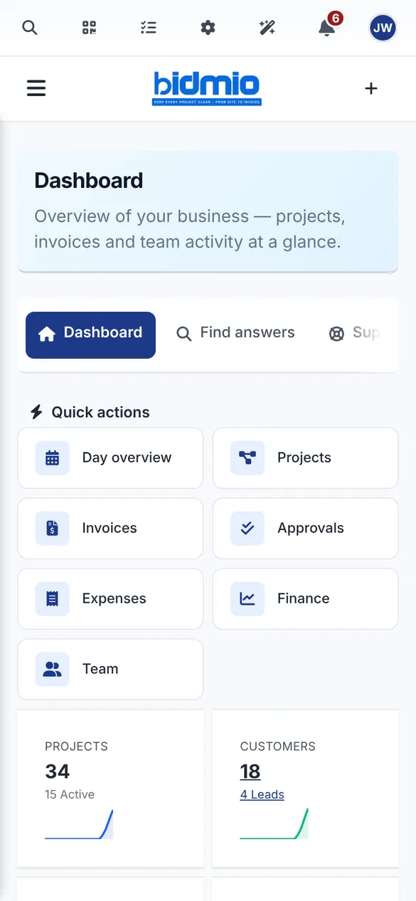 Bidmio Mobile App – Dashboard: Projekte, Kunden, Rechnungen und kritische Fristen an einem Ort.