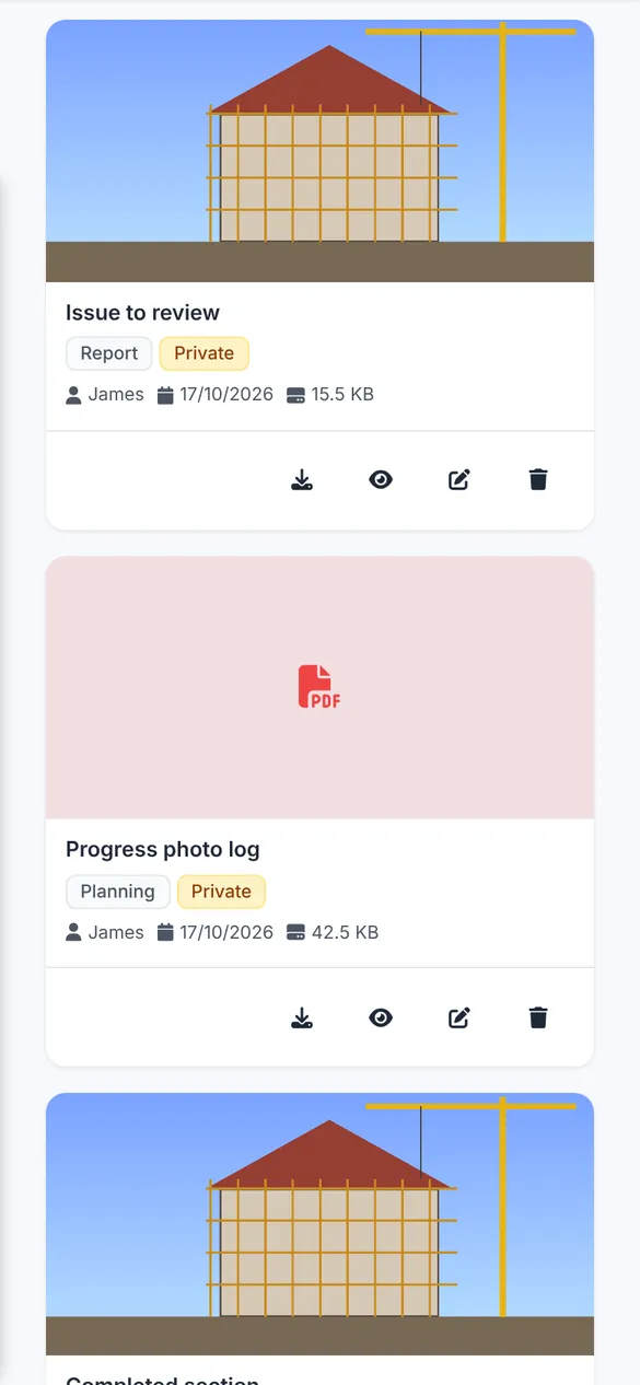 Bidmio Mobile App – Document library: Documents with previews, categories and a date filter.