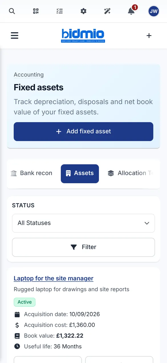 Bidmio Mobile App – Anlagegüter: Kaufpreis, Restwert und Nutzungsdauer.