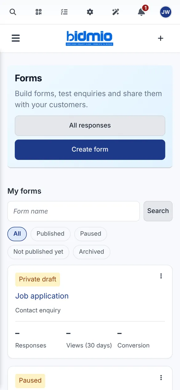 Bidmio Mobile App – Formulare: Formulare und Rechner mit Antworten, Aufrufen und Konversion.