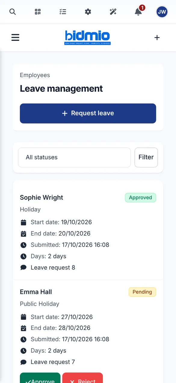 Bidmio Mobile App – Urlaub: Urlaubsanträge mit Status und Freigabe per Klick.