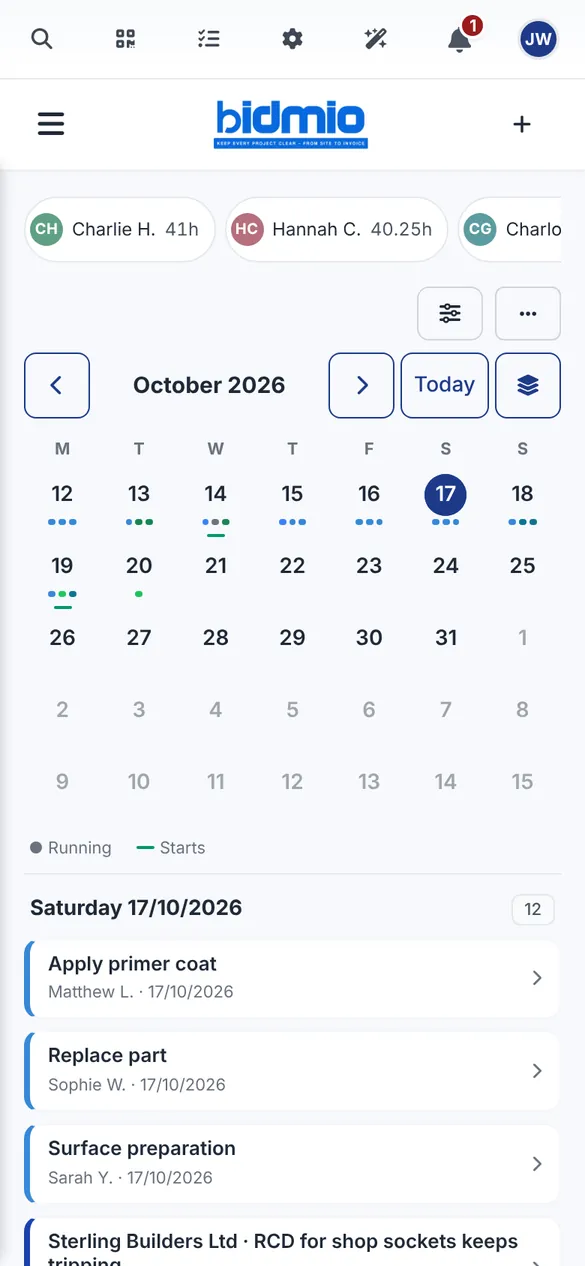 Bidmio Mobile App – Planung & Kalender: Mitarbeiter, Aufgaben und Baustellentermine für die ganze Woche einplanen.