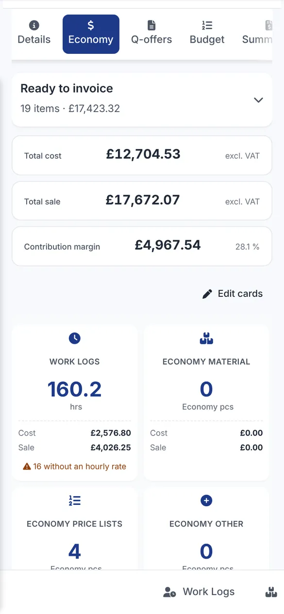 Bidmio Mobile App – Nachkalkulation: Kosten, Umsatz und Deckungsbeitrag aus Stunden, Material und Transport.