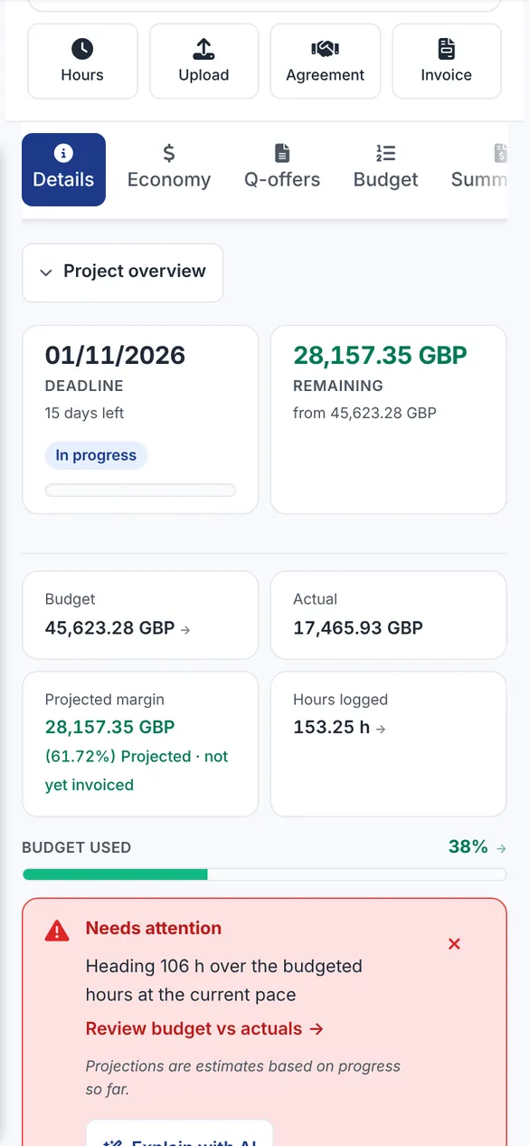 Bidmio Mobile App – Projektmanagement: Status, Termine, Budget und Marge an einem Ort.