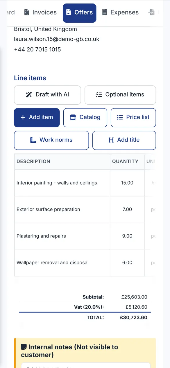 Bidmio Mobile App – Angebote: Lohn- und Materialpositionen; aus dem Angebot wird die Rechnung.