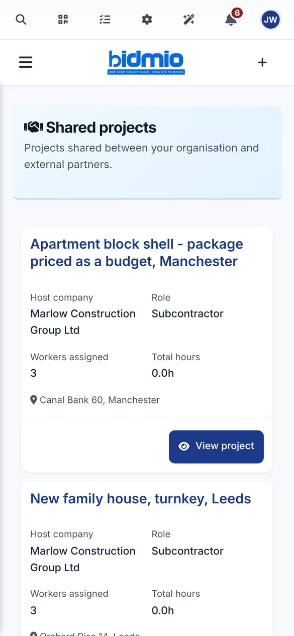 Bidmio Mobile App – Shared projects: Jobs the main contractor shares with you.