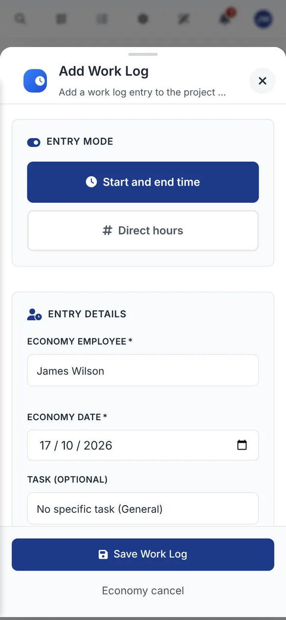 Bidmio Mobile App – Zeiterfassung: Arbeitsstunden direkt am Auftrag erfassen, auch per Sprache.