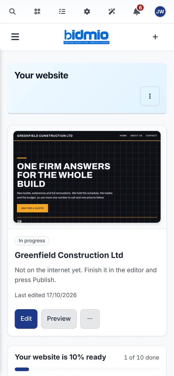 Bidmio Mobile App – Website overview: Status, last edit and what is missing before publishing.