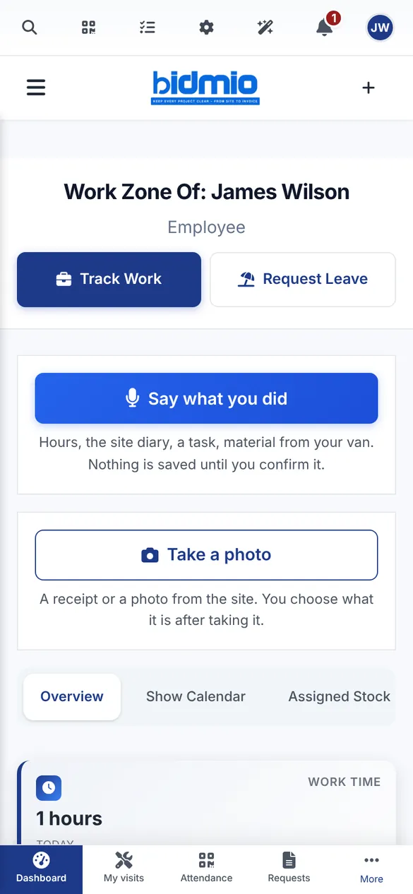 Bidmio Mobile App – Workzone: Stunden, Gleitzeit, Urlaub und Auslagen eines Mitarbeiters an einem Ort.