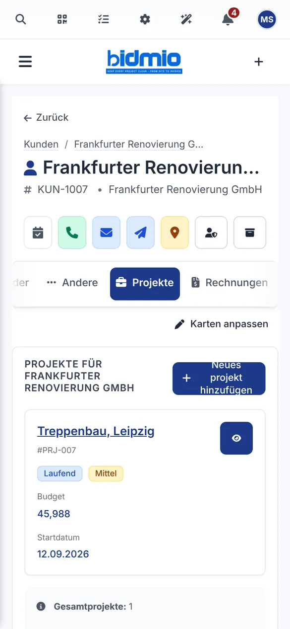 Kundenkarte der Frankfurter Renovierung GmbH mit dem Projekt Treppenbau Leipzig auf dem Handy