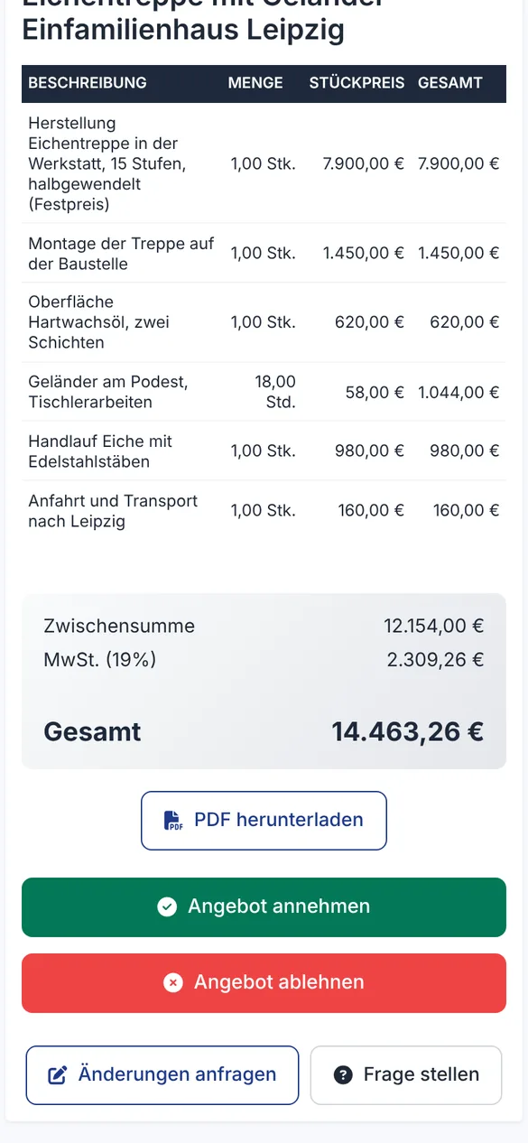 Kundenportal mit den Schaltflächen Angebot annehmen, ablehnen und Änderungen anfragen