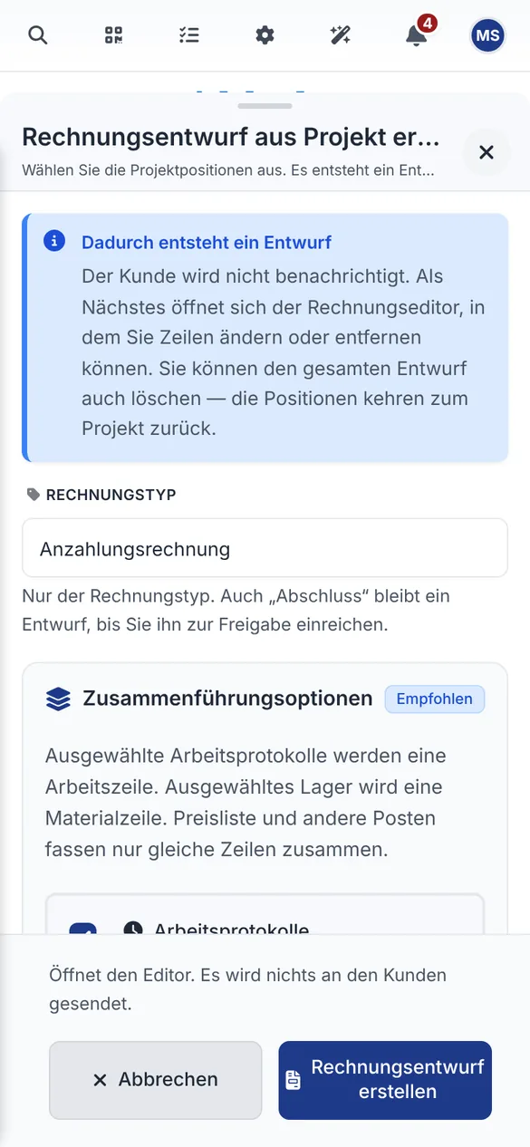 Dialog Rechnungsentwurf aus Projekt erstellen mit dem Rechnungstyp Anzahlungsrechnung
