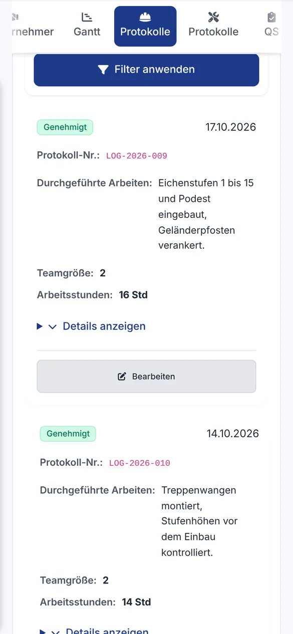 Genehmigter Bautagebucheintrag über den Einbau der Eichenstufen und des Podests