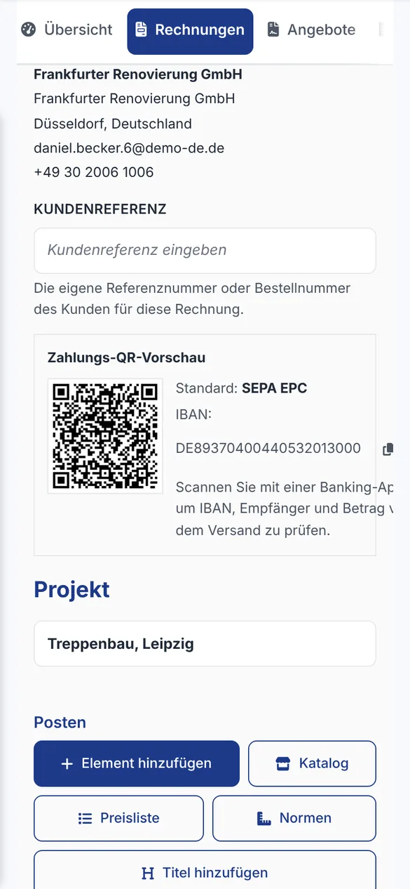 Rechnungsentwurf für den Treppenbau Leipzig mit Vorschau des SEPA EPC Zahlungs-QR-Codes