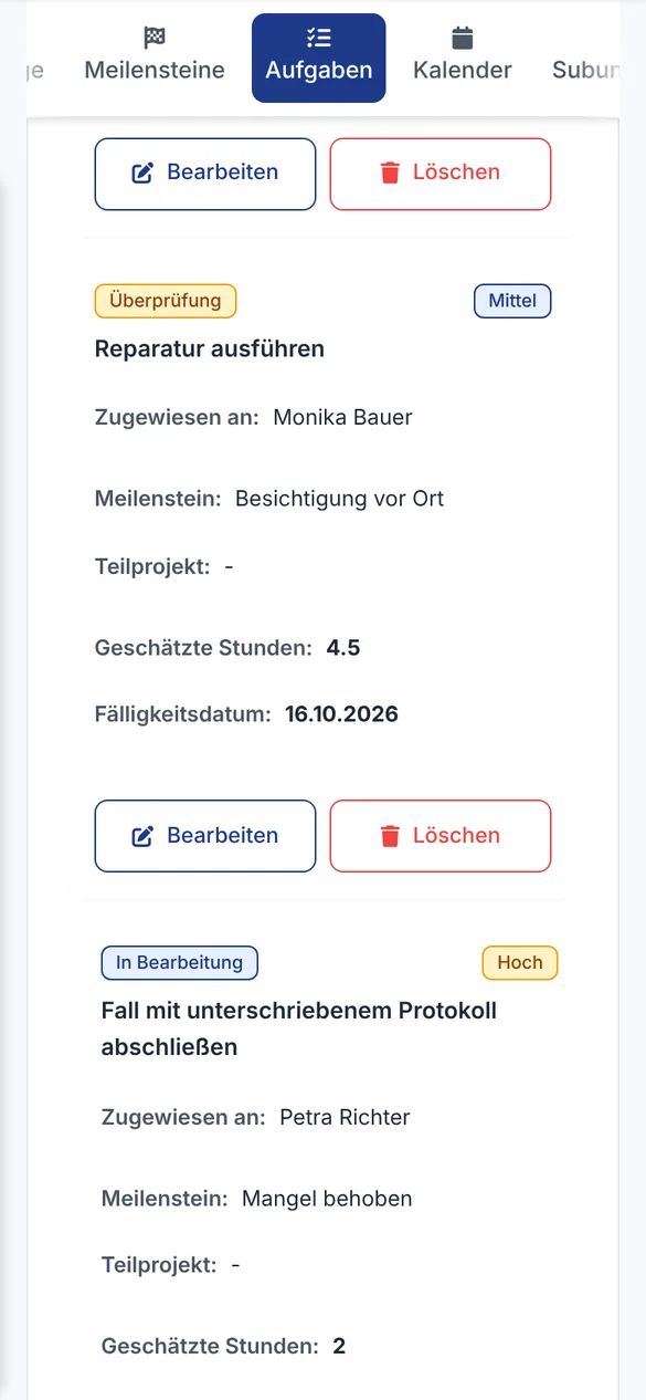Gewährleistungsprojekt mit den Aufgaben Reparatur ausführen und Fall mit Protokoll abschließen