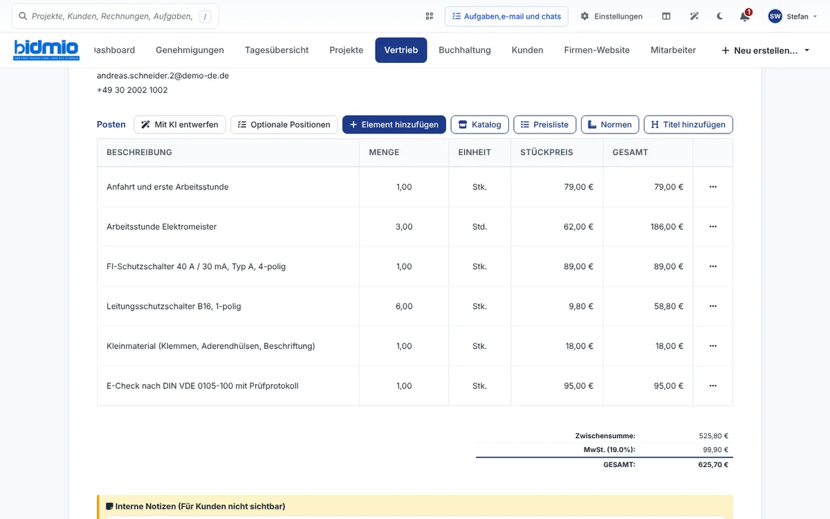 Angebotseditor mit FI-Schutzschalter, LS-Schaltern, Anfahrt und Arbeitsstunden, Gesamtsumme 625,70 Euro