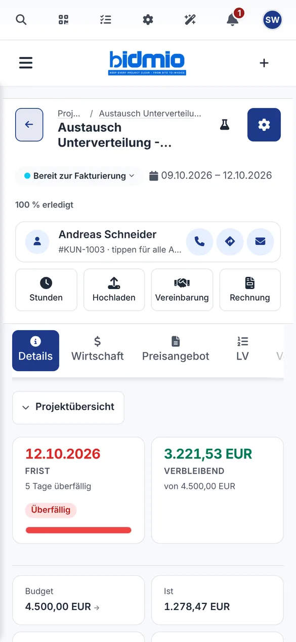 Projekt Austausch Unterverteilung im Mehrfamilienhaus Berlin mit Budget und Ist-Kosten in der Bidmio App
