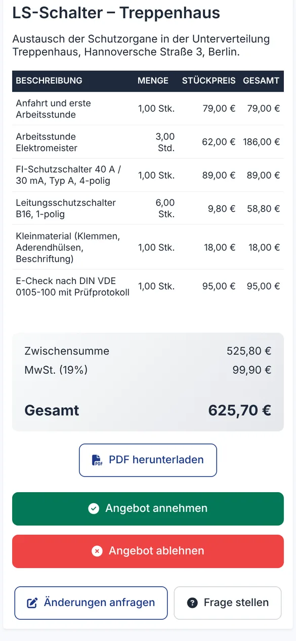Kundenportal mit Angebot Austausch FI-Schutzschalter und LS-Schalter im Treppenhaus und Button Angebot annehmen