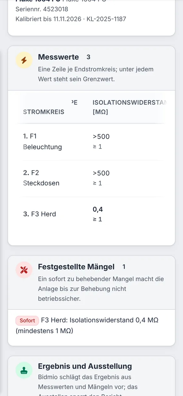 Messwerte Isolationswiderstand für Beleuchtung, Steckdosen und Herd mit Mangel 0,4 Megaohm im Prüfbericht