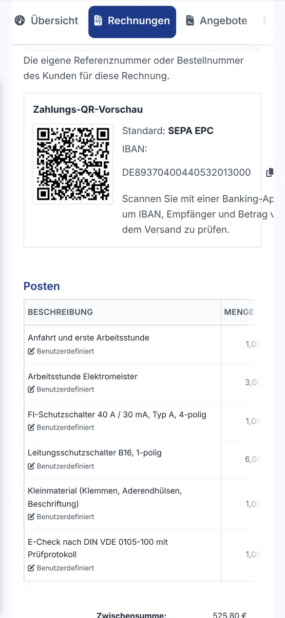 Rechnung mit Zahlungs-QR-Vorschau nach SEPA EPC Standard und Positionen von Anfahrt bis Prüfprotokoll