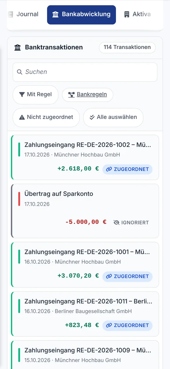 Banktransaktionen mit zugeordneten Zahlungseingängen und ignorierter Umbuchung auf das Sparkonto