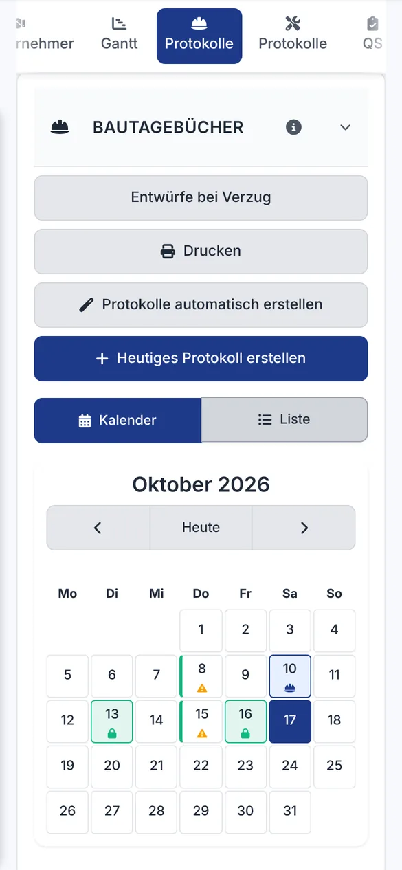 Kalender des Bautagebuchs im Oktober 2026 mit Einträgen und Knopf für das heutige Protokoll auf dem Handy