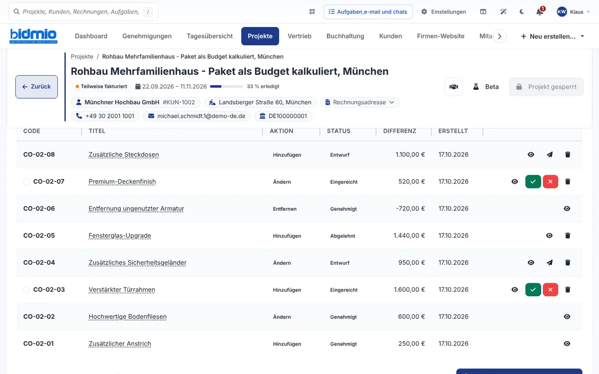 Tabelle mit acht Nachträgen des Rohbaus mit Art, Status, Preisdifferenz und Freigabe in Bidmio