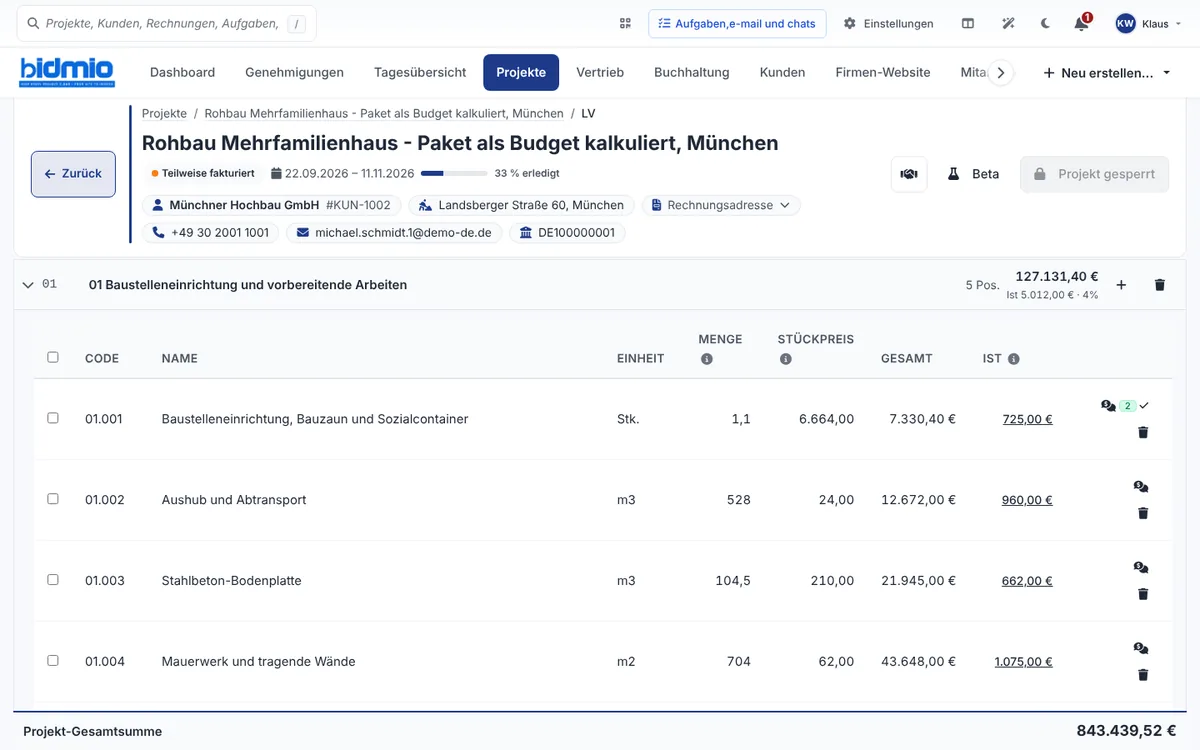 Leistungsverzeichnis des Rohbaus mit Baustelleneinrichtung, Aushub, Bodenplatte, Mauerwerk und Ist-Kosten je Position