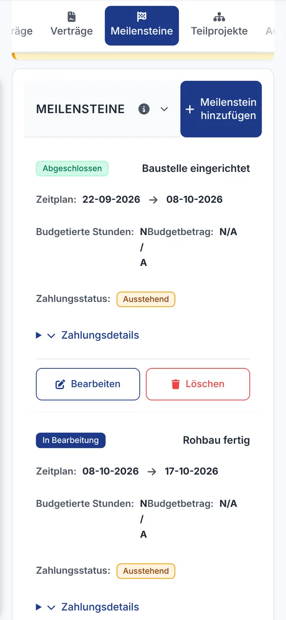 Meilensteine Baustelle eingerichtet und Rohbau fertig mit Zeitplan und ausstehendem Zahlungsstatus auf dem Handy