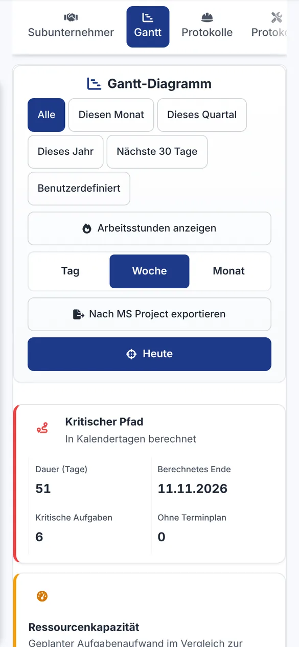 Gantt-Diagramm mit kritischem Pfad, 51 Tagen Dauer und berechnetem Ende am 11.11.2026 auf dem Handy