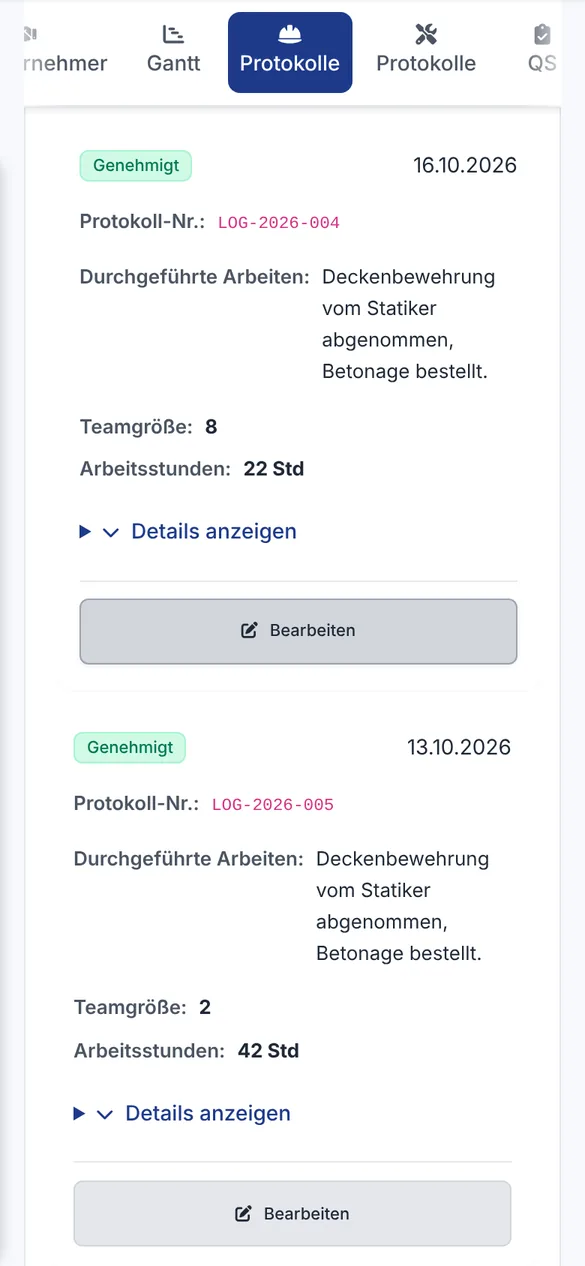 Genehmigte Bautagebuch-Einträge mit abgenommener Deckenbewehrung, Teamgröße und Arbeitsstunden auf dem Handy