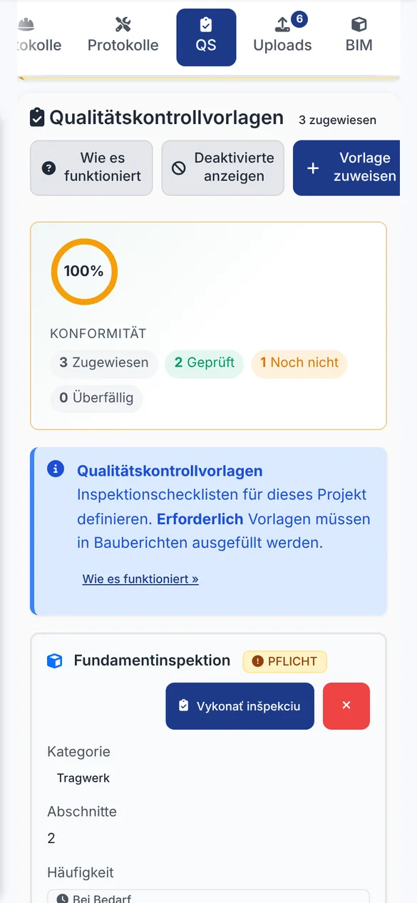Qualitätskontrollvorlagen des Projekts mit Konformität, geprüften Vorlagen und Pflicht-Fundamentinspektion