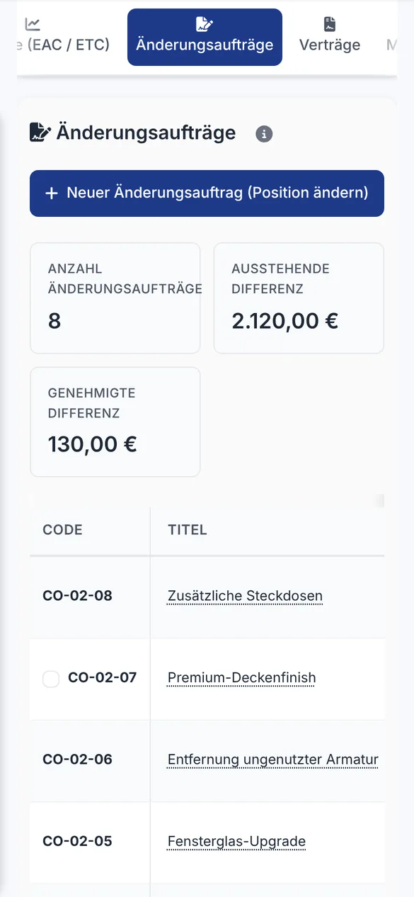 Übersicht der Nachträge mit Anzahl acht, ausstehender und genehmigter Differenz auf dem Handy