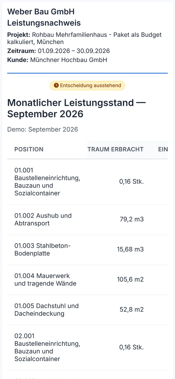 Leistungsnachweis der Weber Bau GmbH für September 2026 im Kundenportal mit erbrachten Mengen
