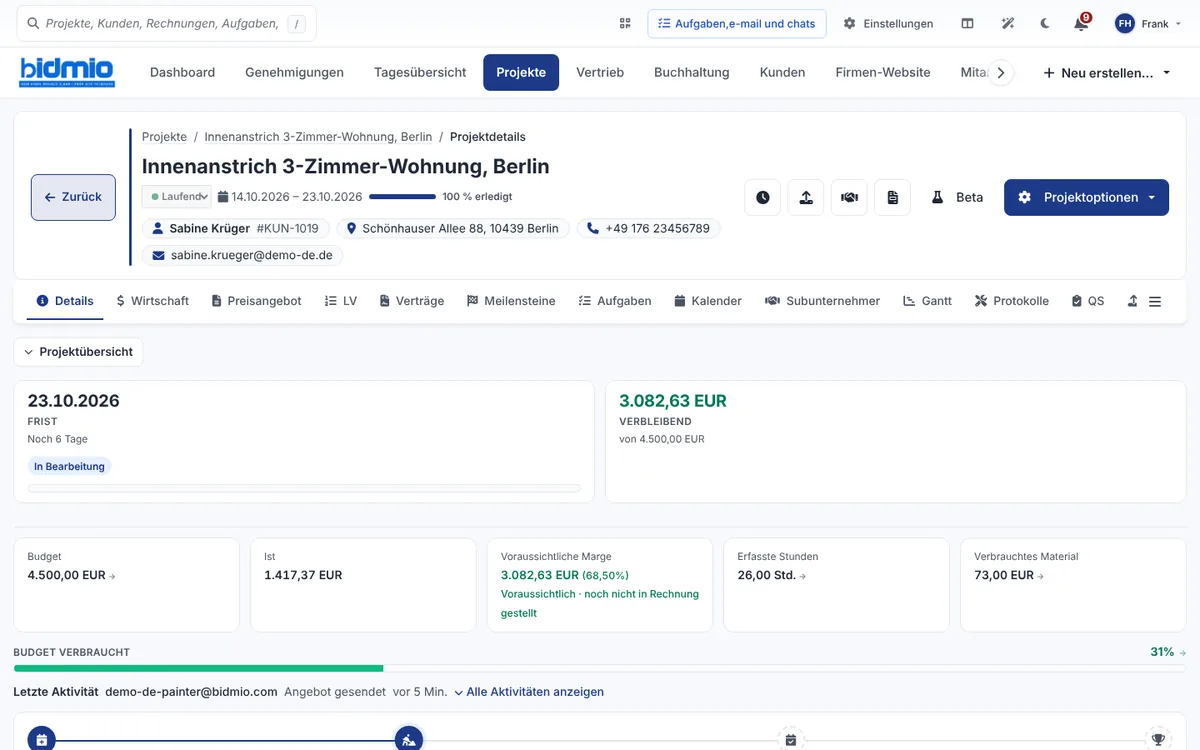 Auftrag Innenanstrich 3-Zimmer-Wohnung Berlin am Desktop mit Budget, Ist-Kosten, Marge und Stunden