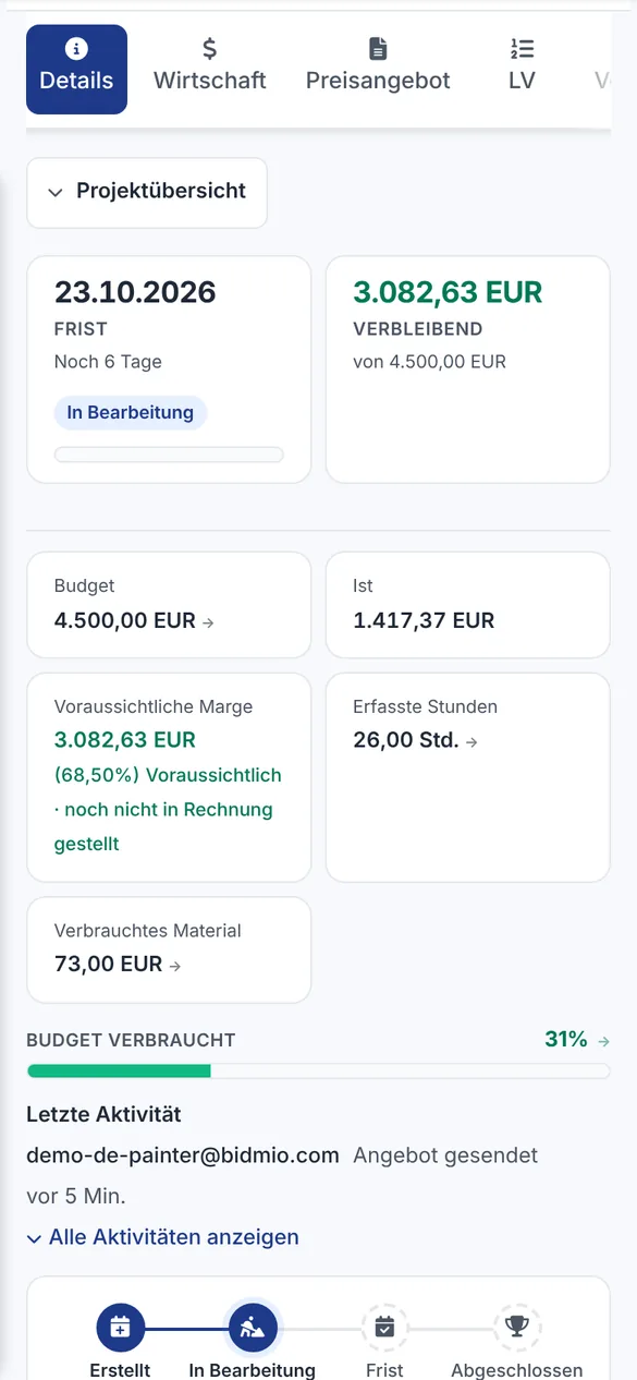 Auftrag Innenanstrich 3-Zimmer-Wohnung auf dem Handy mit Frist, Budget, Ist-Kosten und 26 erfassten Stunden