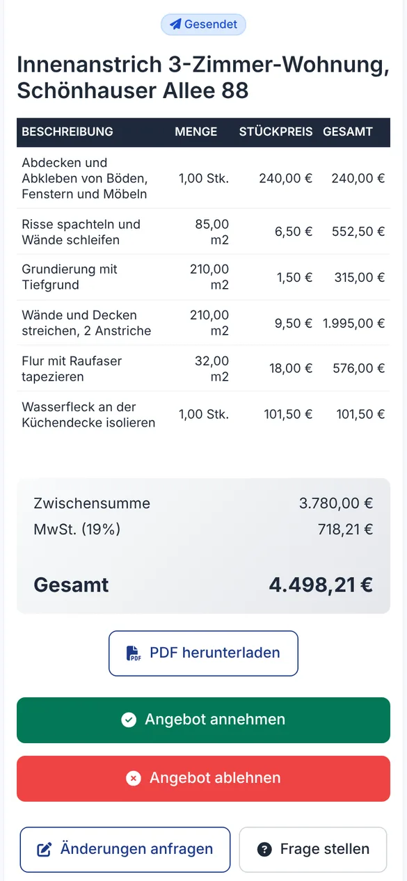 Angebot Innenanstrich Schönhauser Allee 88 im Kundenportal mit Gesamtbetrag und Schaltfläche Angebot annehmen