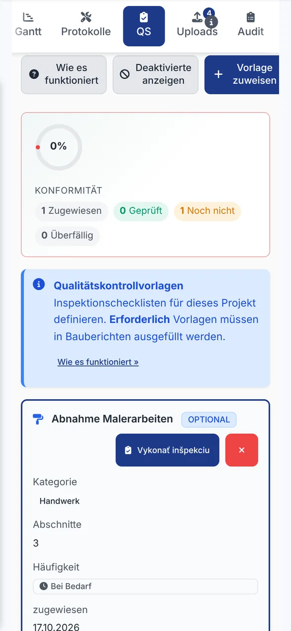 Reiter QS eines Malerauftrags auf dem Handy mit zugewiesener Checkliste Abnahme Malerarbeiten
