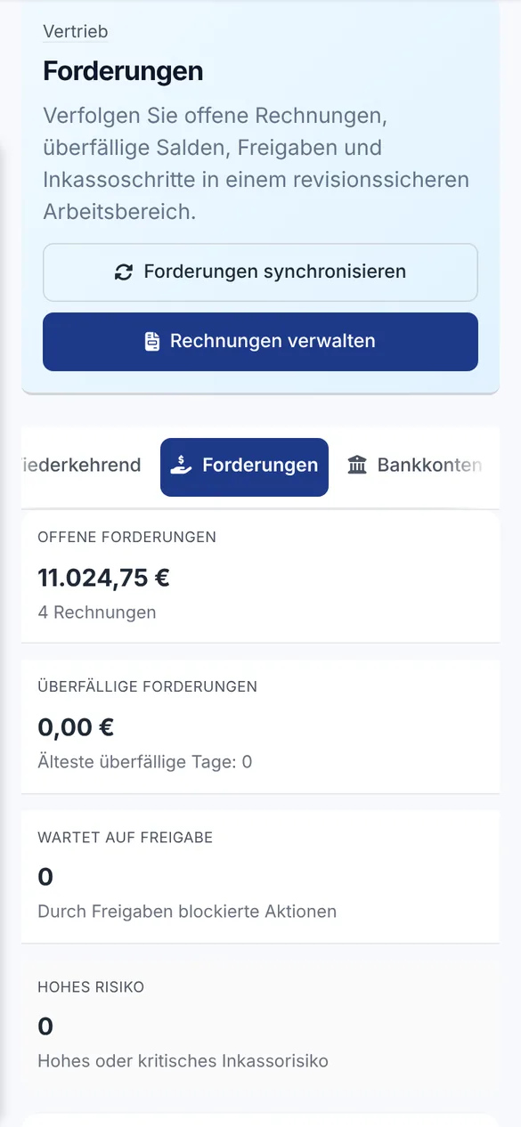 Übersicht Forderungen eines Malerbetriebs mit offenen Rechnungen über 11.024,75 Euro