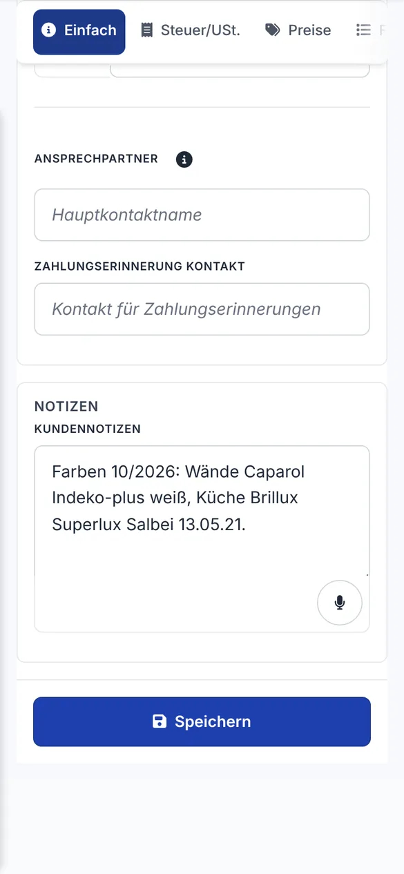 Kundenkarte mit Notiz zu den Farben Caparol Indeko-plus weiß und Brillux Superlux Salbei für die Küche