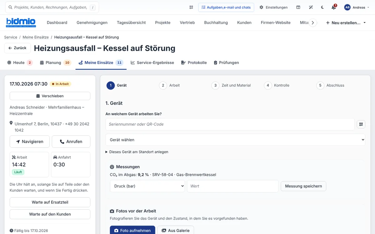 Einsatz Heizungsausfall am Desktop mit den Schritten Gerät, Arbeit, Zeit und Material, Kontrolle und Abschluss