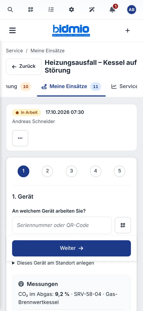 Kundendienst-Einsatz Heizungsausfall mit Kessel auf Störung in der mobilen Bidmio App