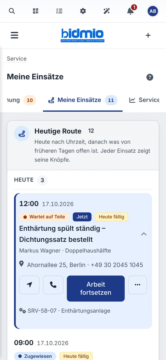 Meine Einsätze mit heutiger Route, Enthärtungsanlage in der Ahornallee Berlin und Button Arbeit fortsetzen