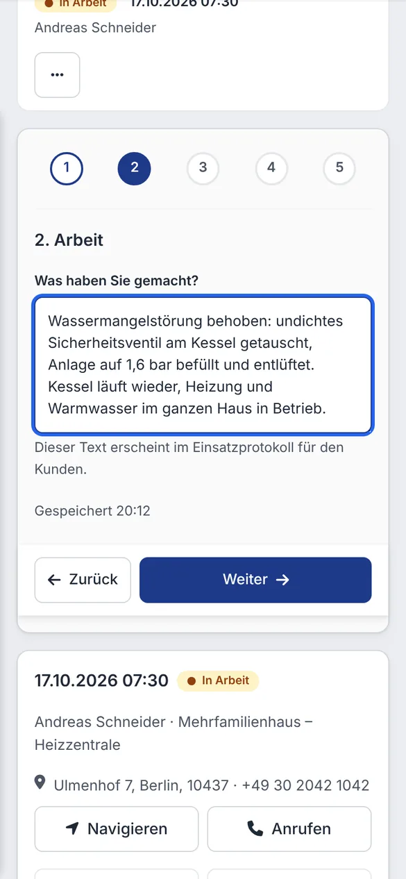Arbeitsbericht zum getauschten Sicherheitsventil, der im Einsatzprotokoll für den Kunden erscheint